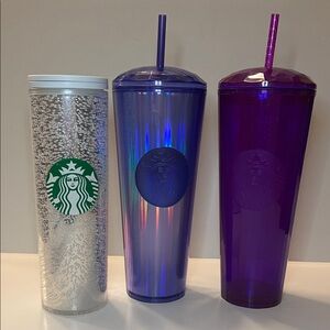 Starbucks Venti Purple Iridescent, Periwinkle Dome, Silver Tumbler Trio w/lids